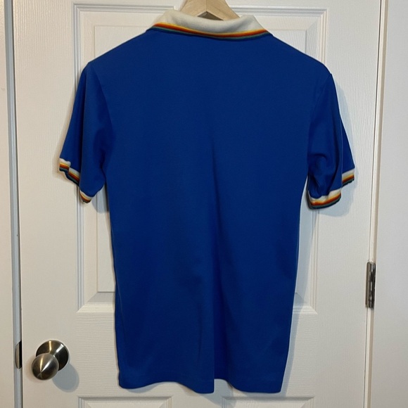 VTG Sea Waves blue ‘Hawaii’ polo shirt w/ rainbow collar & sleeve detail sz L - Picture 10 of 11